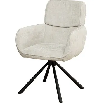Jídelní židle Moderní otočné zaoblené jídelní křeslo Chenill s béžovým žinilkovým potahem s opěrkami na ruce s černými nožičkami 84 cm