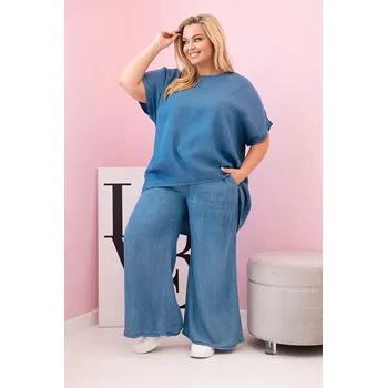 Dámská souprava Plus Size z tencelu halenka a kalhoty s vázáním džínový UNI