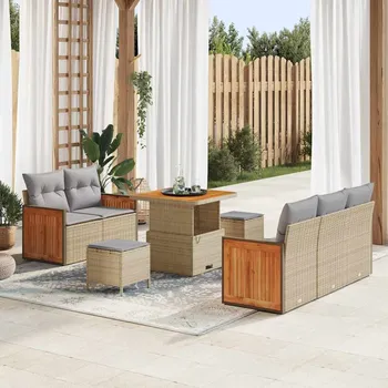 Zahradní sestava vidaXL Sada zahradních pohovek s polštářem Béžová Poly ratan [3365197]