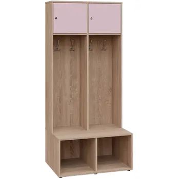 Šatní skříň SZB - 180 - 80 šatní skříň s botníkem, 2-dvéřová, 1800x800x300/600 mm, korpus dub bardolino, horní dvířka pastelově růžová