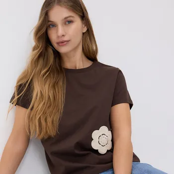 Reserved - T‑shirt s háčkovanou aplikací - hnědá - VP668-88X - VP668-88X-XS