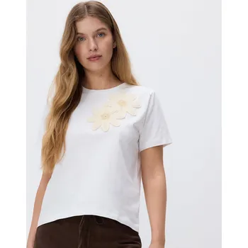 Dámské tričko Reserved - T‑shirt s háčkovanou aplikací - krémová - VP668-01X - VP668-01X-XL