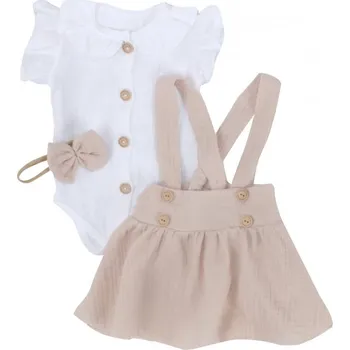 Kojenecká souprava Mušelínová suknička s láclem, bodýčko a čelenka, 3D sada , bílá/béžová, Velikost koj. oblečení 80 (9-12m)