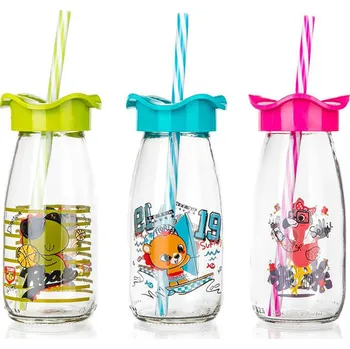 Láhev láhev 250ml s víčkem a brčkem sklo/PH mix dekorů