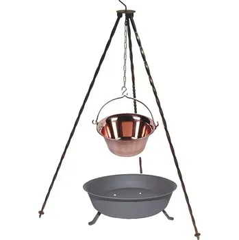 kotlíky Trojnožka 1,25 m, ohniště a měděný gulášový kotlík 14 litrů (kotlík na guláš měděný 14 L, trojnožka 1,25 m a ohniště - vaření s měděným kotlíkem)