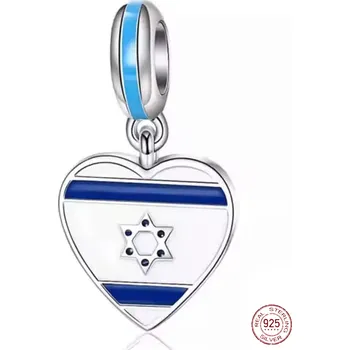 Přívěsek Charm Sterlingové stříbro 925 Izraelská vlajka, srdce s Davidovou hvězdou, přívěsek na náramek cestování