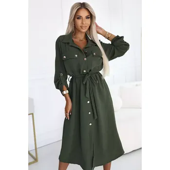 531-5 Midi košilka se zlatými knoflíky a vázáním - KHAKI UNI