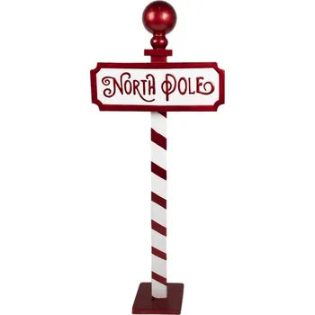Červeno-bílá vánoční dekorace kovová značka s nápisem North Pole – 46x18x110 cm + doprava zdarma