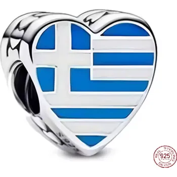 Přívěsek Charm Sterlingové stříbro 925 Řecko – srdce s vlajkou, korálek na náramek cestování