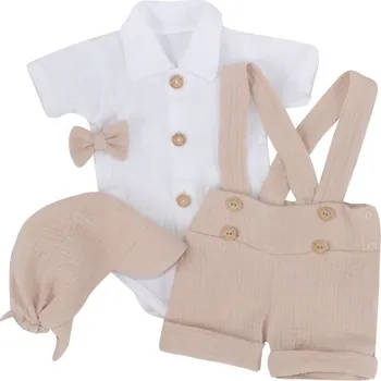 Kojenecká souprava Mušelínové kraťasy s láclem, bodýčko, čepička, motýlek 4D sada, Z&Z, písková/bílá, Velikost koj. oblečení 62 (2-3m)