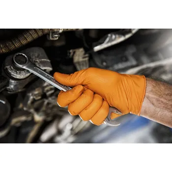 Pracovní rukavice Nitrilové rukavice, extra pevné, odolné chemikáliím, oranžové, 50ks, různé velikosti, Velikost: XL