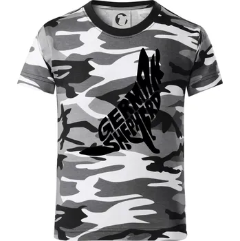 Chlapecké tričko Německý ovčák sedící napis - Dětské maskáčové triko - 134 cm/8 let ( Šedý maskáč )