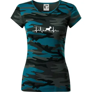 EKG Francouzský buldoček z boku - Dámské maskáčové triko - S ( Petrolejová maskáč )