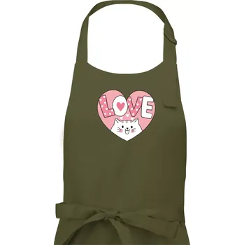 Kuchyňská zástěra Kočka love - růžové srdce - Dámská zástěra na vaření - Univerzální velikost ( Khaki )