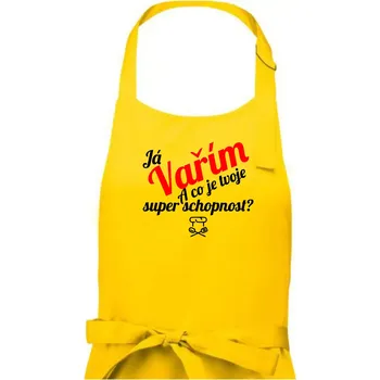 Kuchyňská zástěra Já vařím - tvoje superschopnost? šikmý nápis - Dámská zástěra na vaření - Univerzální velikost ( Žlutá )