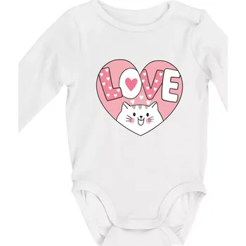 Kočka love - růžové srdce - Body kojenecké s dlouhým rukávem - Dlouhý r. do 3 měs ( Bílá )