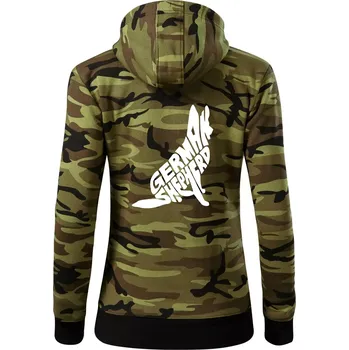 Dámská mikina Německý ovčák sedící napis - Dámská mikina trendy zipper s kapucí - S ( Zelený maskáč )