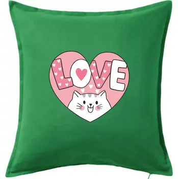 Polštář Kočka love - růžové srdce - Polštář 50x50 - 50x50 - Pouze potah ( Středně zelená )