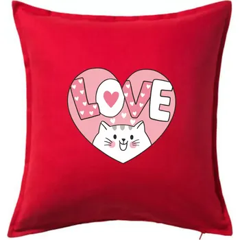 Polštář Kočka love - růžové srdce - Polštář 50x50 - 50x50 - Pouze potah ( Červená )