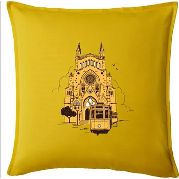 Polštář Mallorca - katedrála a tramvaj - Polštář 50x50 - 50x50 - Pouze potah ( Žlutá )