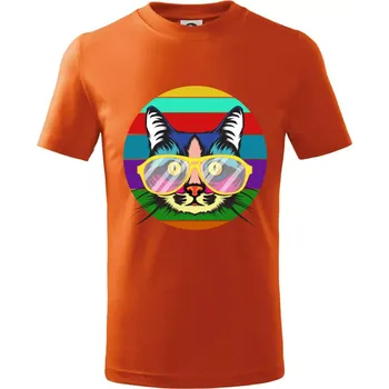 Kočka při barevném západu - Tričko dětské bavlněné - 122 cm/6 let ( Oranžová )