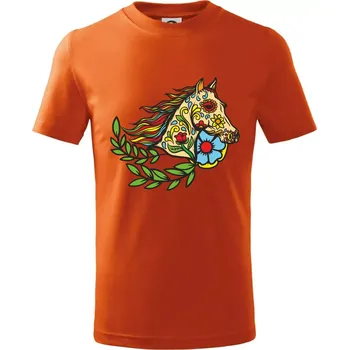 Chlapecké tričko Kůň barevný s listy - Tričko dětské bavlněné - 104-110cm / 3-4 roky ( Oranžová )