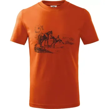 Kůň a hříbě malované - Tričko dětské bavlněné - 158 cm/12 let ( Oranžová )