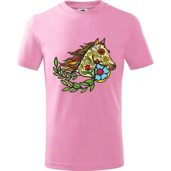 Kůň barevný s listy - Tričko dětské bavlněné - 98 cm / 2 roky ( Růžová )