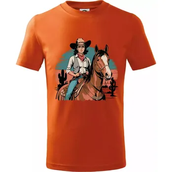 Cowgirl vintage na koni - Tričko dětské bavlněné - 158 cm/12 let ( Oranžová )
