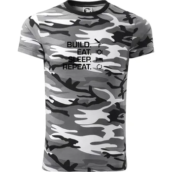 Pánské tričko Build eat sleep repeat - montážní pěna - Army CAMOUFLAGE - XS ( Šedý maskáč )