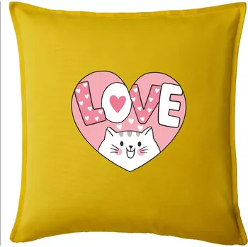 Polštář Kočka love - růžové srdce - Polštář 50x50 - 50x50 - Pouze potah ( Žlutá )