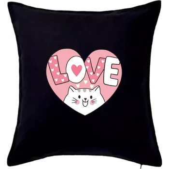 Polštář Kočka love - růžové srdce - Polštář 50x50 - 50x50 - Pouze potah ( Černá )