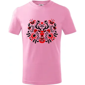 Folklor - Červený jelen - Tričko dětské bavlněné - 98 cm / 2 roky ( Růžová )