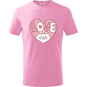 Chlapecké tričko Kočka love - růžové srdce - Tričko dětské bavlněné - 104-110cm / 3-4 roky ( Růžová )