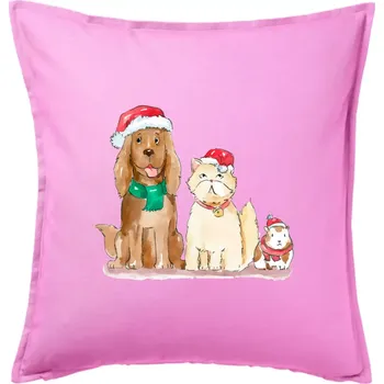 Polštář Veselé vánoce - pes, křeček a kočka - Polštář 50x50 - 50x50 - Pouze potah ( Růžová )