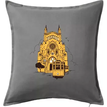 Polštář Mallorca - katedrála a tramvaj - Polštář 50x50 - 50x50 - Pouze potah ( Tmavě šedý melír )