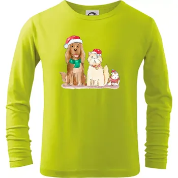 Veselé vánoce - pes, křeček a kočka - Triko dětské Long Sleeve - 158 cm/12 let ( Limetková )