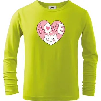 Chlapecké oblečení Kočka love - růžové srdce - Triko dětské Long Sleeve - 158 cm/12 let ( Limetková )