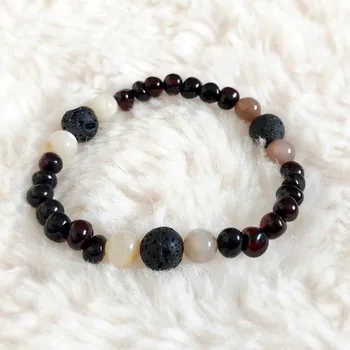 Korálek Jantarový náramek pro ženy - S měsíčním kamenem, achátem a lávovými kameny