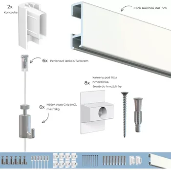 Rám na obraz Závěsný systém na obrazy - SET Click Rail bílá RAL 9010 3m (6x perlon 6xAG) (Bílá RAL 9010 nepřetíratelná 3m (6x perlon))