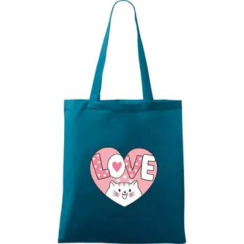 Kočka love - růžové srdce - Taška bavlněná - 42 x 38 cm ( Petrolejová )
