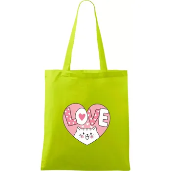 Kočka love - růžové srdce - Taška bavlněná - 42 x 38 cm ( Limetková )