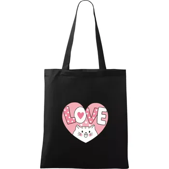Nákupní taška Kočka love - růžové srdce - Taška bavlněná - 42 x 38 cm ( Černá )