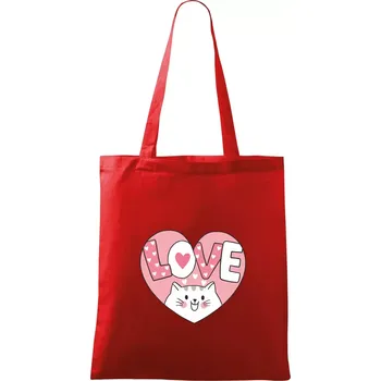 Nákupní taška Kočka love - růžové srdce - Taška bavlněná - 42 x 38 cm ( Červená )