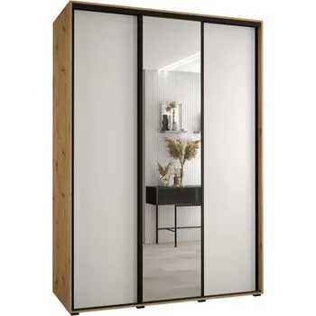 Šatní skříň Šatní skříň s posuvnými dveřmi a zrcadlem DAVOS 170cm | DUB Artisan / bílá / černé pojezdy