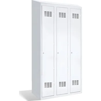 Školní nábytek 3-dveřová šatní skříň s pohyblivou dělící příčkou, šikmou stříškou a poličkou na obuv #03 STANDARD HACCP 3 W