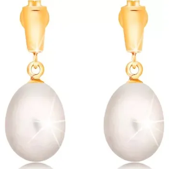 Náušnice Zlaté 14K náušnice - visící oválná perla bílé barvy, lesklý proužek
