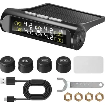 Autoelektronika Solární TPMS monitor 10 x 8 x 2,6 cm Systém pro měření tlaku v pneumatikách USB napájení LCD displej 4 externí senzory Auto Bezdrátový