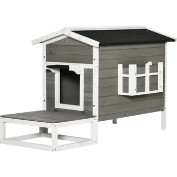 Pelíšek pro kočku PawHut Kočičí domek s terasou a balkonem 115 x 66,5 x 74,7 cm šedý/bílý