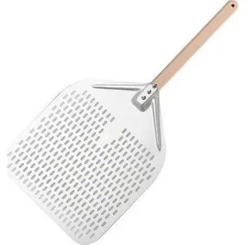 Vařečka Lopata na pizzu 30 x 70 cm Děrovaná kovová lopatka s dlouhou rukojetí na pizzu do pece či grilu Profesionální kuchyňské náčiní šedá
